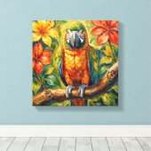Pretty Colorful Impasto Parrot and Tropical Flower キャンバスプリント (インサイチュ (ウッドフロア))