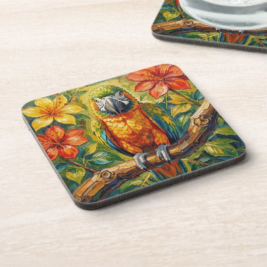 Pretty Colorful Impasto Parrot and Tropical Flower コースター (左側)
