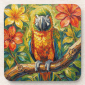 Pretty Colorful Impasto Parrot and Tropical Flower コースター (正面)