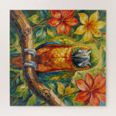 Pretty Colorful Impasto Parrot and Tropical Flower ジグソーパズル (横)