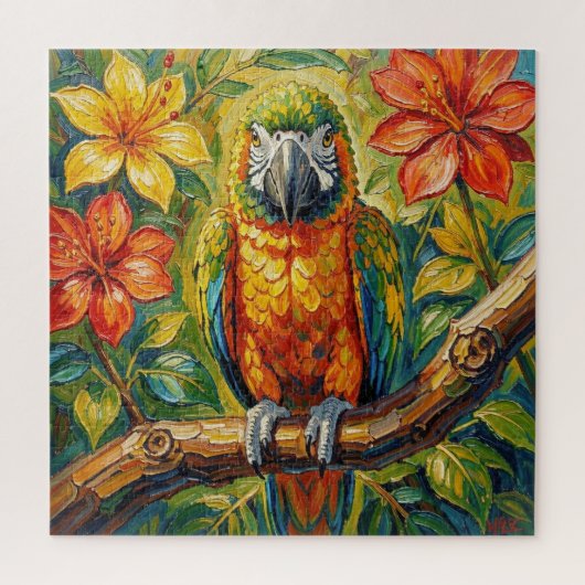 Pretty Colorful Impasto Parrot and Tropical Flower ジグソーパズル (縦)