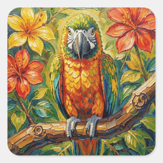 Pretty Colorful Impasto Parrot and Tropical Flower スクエアシール (正面)