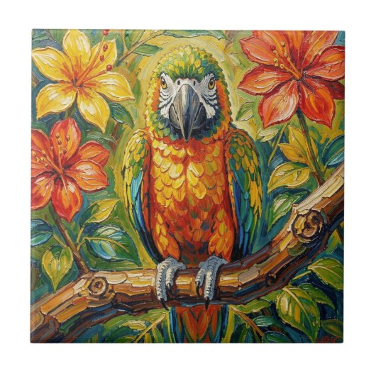 Pretty Colorful Impasto Parrot and Tropical Flower タイル (正面)