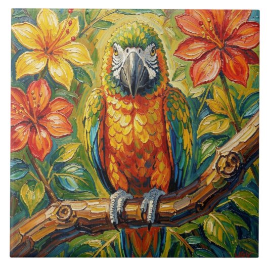 Pretty Colorful Impasto Parrot and Tropical Flower タイル (正面)