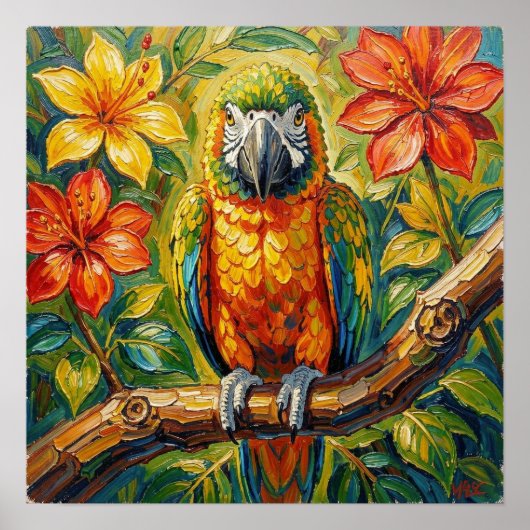Pretty Colorful Impasto Parrot and Tropical Flower ポスター (正面)