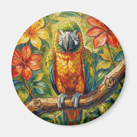 Pretty Colorful Impasto Parrot and Tropical Flower マグネット (正面)