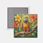 Pretty Colorful Impasto Parrot and Tropical Flower マグネット (正面/裏面)