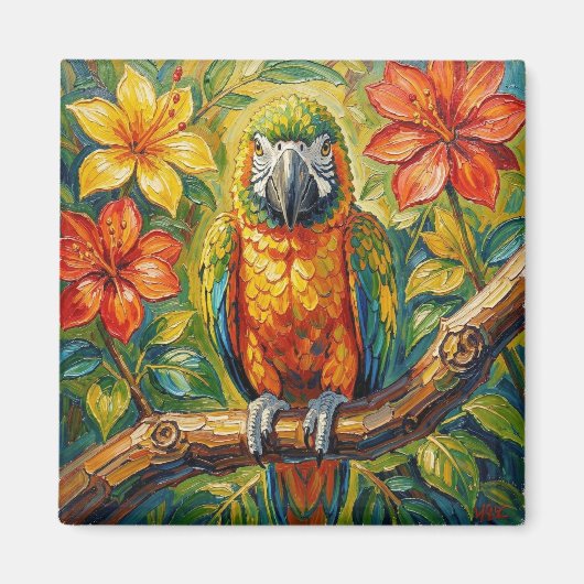 Pretty Colorful Impasto Parrot and Tropical Flower マグネット (正面)