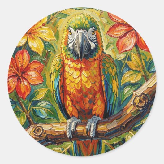 Pretty Colorful Impasto Parrot and Tropical Flower ラウンドシール (正面)