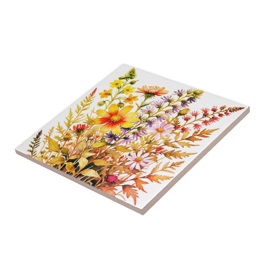 Pretty colorful wildflowers watercolor  タイル (側面)