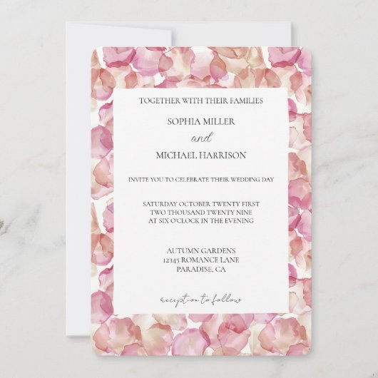 Pretty Cream Blush Pink Rose Petals Floral Wedding 招待状 (正面)