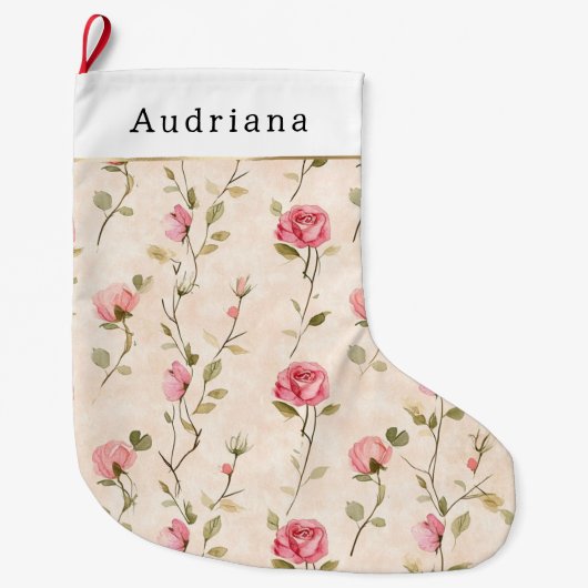 Pretty Cream Pink Rose Floral Christmas ラージクリスマスストッキング (正面)