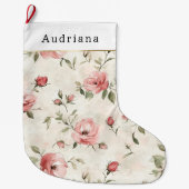Pretty Cream Pink Roses Floral Christmas ラージクリスマスストッキング (正面)
