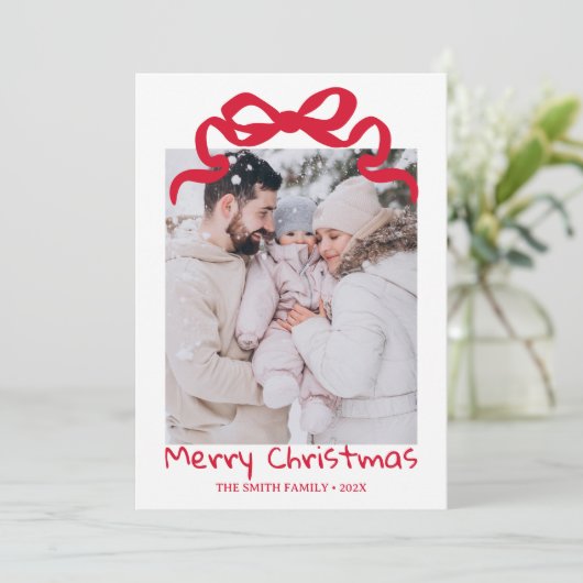 Pretty cute Christmas Red Bow Photo card  招待状 (スタンド正面)