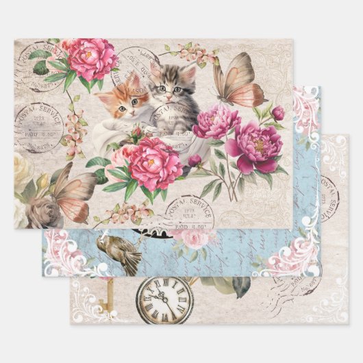 Pretty cute kitty cats sitting in a busket Floral ラッピングペーパーシート (セット)