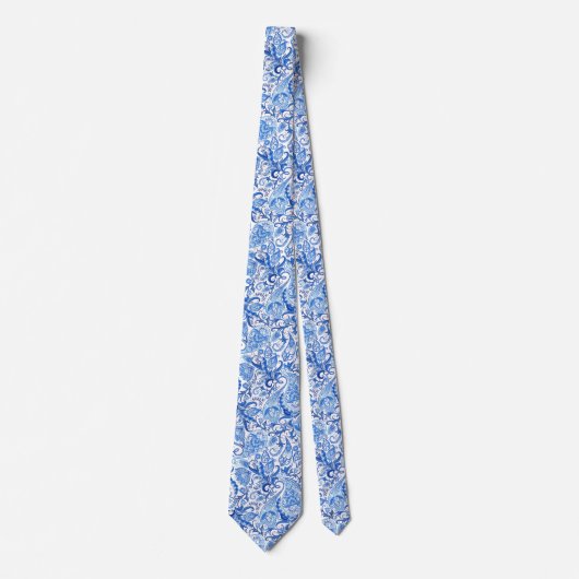 Pretty Dark Light Blue White Floral Paisley Art ネクタイ (正面)
