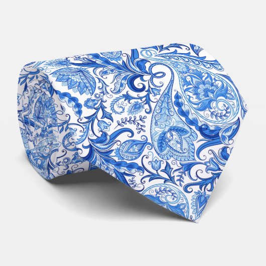 Pretty Dark Light Blue White Floral Paisley Art ネクタイ (ロール)