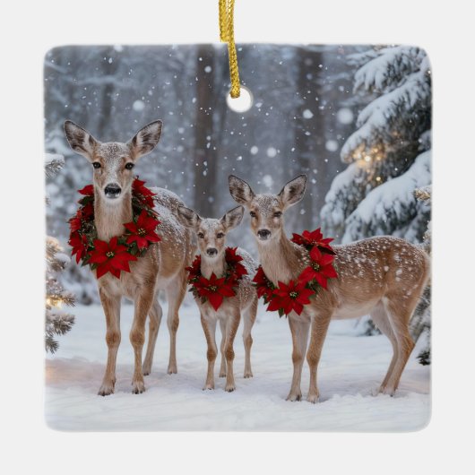 Pretty Deer Family Wreath Tree セラミックオーナメント (正面)