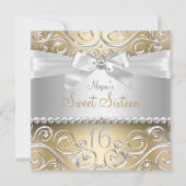 Pretty Diamond リボン & スパークル スワール ゴールド スウィート16 招待状 (正面)