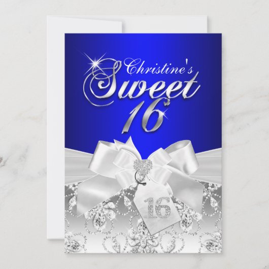 Pretty Diamond Bow Royal Blue Sweet 16 Invite 招待状 (正面)