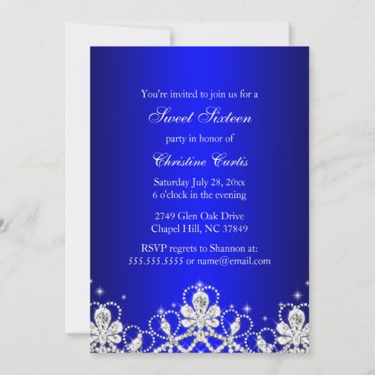 Pretty Diamond Bow Royal Blue Sweet 16 Invite 招待状 (裏面)