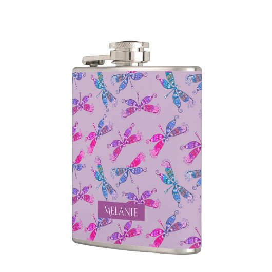 Pretty Dragonfly Purple Blue Pattern Personalised フラスク (左)