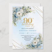 Pretty Dusty Blue Gold Border 90th Birthday Invite 招待状 (正面)
