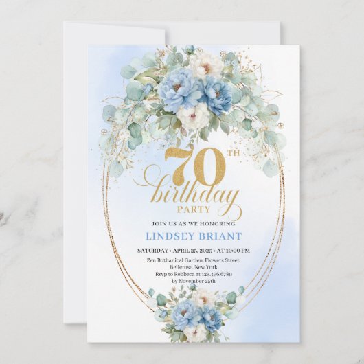 Pretty Dusty Blue Peonies 70th Birthday Invitation 招待状 (正面)
