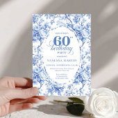 Pretty Dusty Blue Toile Roses 60th Birthday Invite 招待状