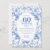 Pretty Dusty Blue Toile Roses 60th Birthday Invite 招待状 (正面)