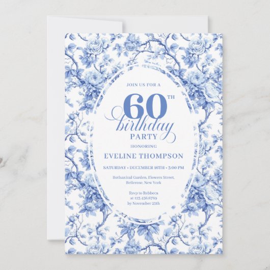 Pretty Dusty Blue Toile Roses 60th Birthday Invite 招待状 (正面)
