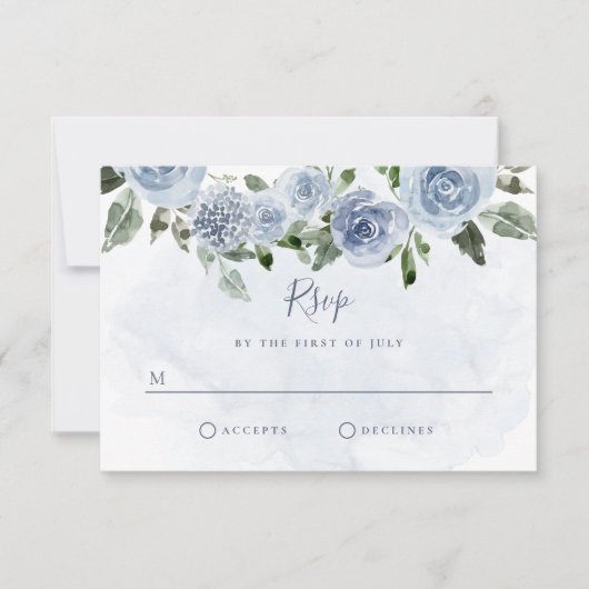 Pretty Dusty Blue Watercolor Flowers 出欠カード (正面)