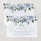 Pretty Dusty Blue Watercolor Flowers 出欠カード (正面/裏面)