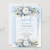 Pretty Dusty Blue White Gold Flowers Sweet 16  招待状 (正面)