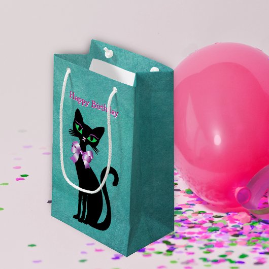 Pretty Elegant Black Birthday Cat Green Eyes Bow スモールペーパーバッグ