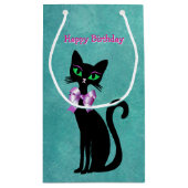Pretty Elegant Black Birthday Cat Green Eyes Bow スモールペーパーバッグ (裏面)