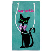 Pretty Elegant Black Birthday Cat Green Eyes Bow スモールペーパーバッグ (正面)