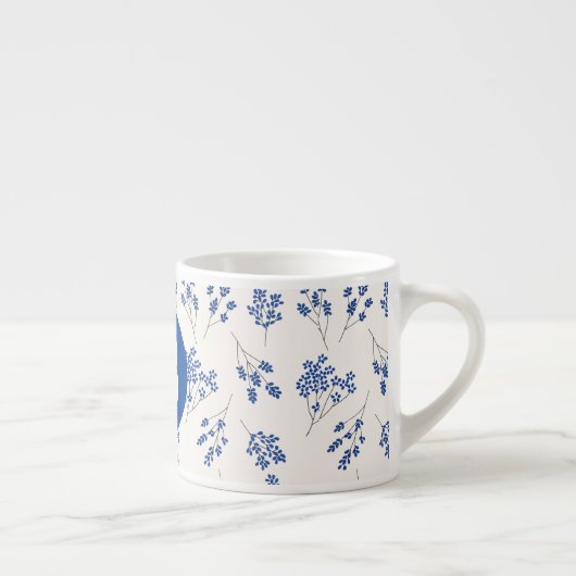 Pretty Elegant Blue Floral Pattern Monogram エスプレッソカップ (右)