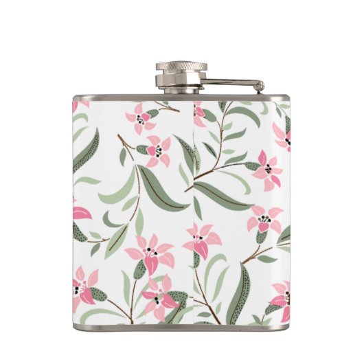 Pretty Elegant Pink Floral Pattern White フラスク (裏面)