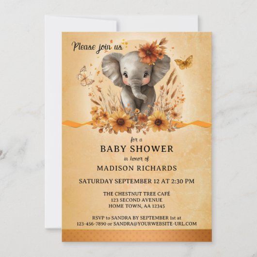 Pretty Elephant Terra Cotta Fall Baby Shower 招待状 (正面)