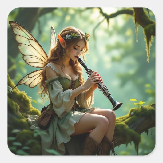 Pretty Elven Fairy Playing Clarinet スクエアシール (正面)