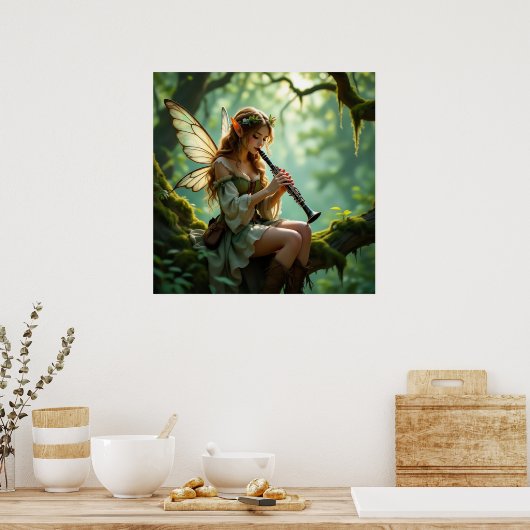 Pretty Elven Fairy Playing Clarinet ポスター (キッチン)