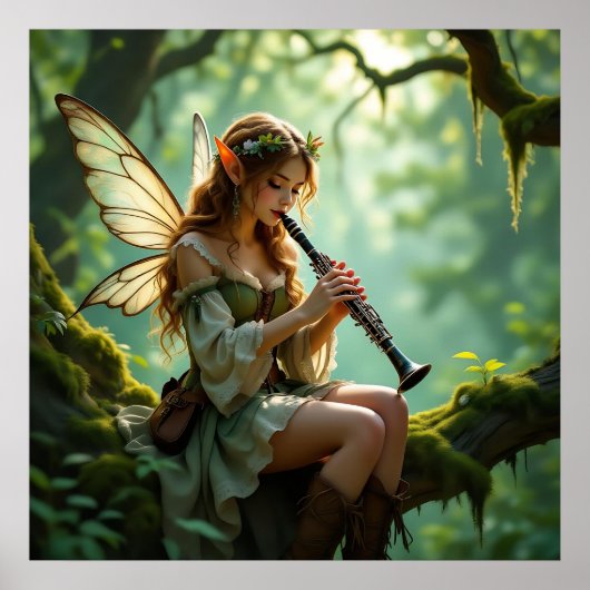 Pretty Elven Fairy Playing Clarinet ポスター (正面)
