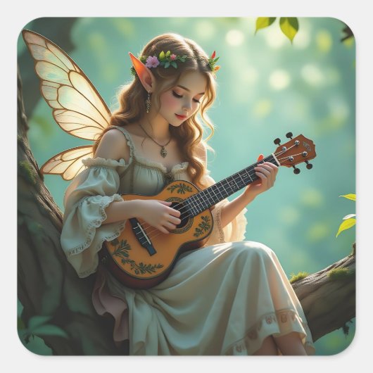 Pretty Elven Fairy Playing Ukulele スクエアシール (正面)