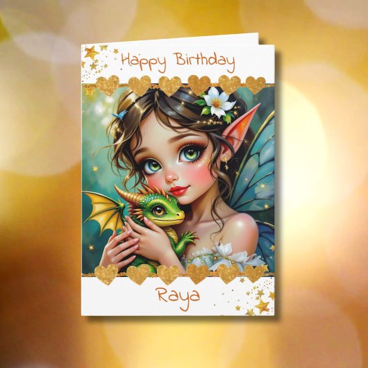 Pretty  Fairy and Dragon Themed Girl's Birthday カード