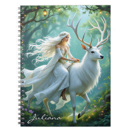 Pretty Fairy and White Deer in Enchanted Forest ノートブック