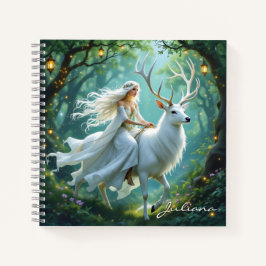 Pretty Fairy and White Deer in Enchanted Forest ノートブック