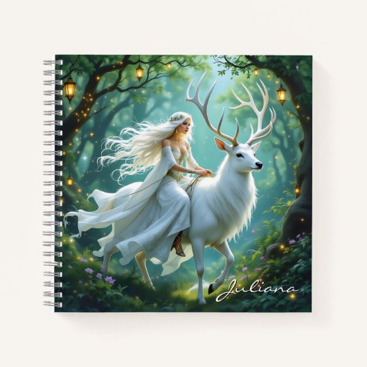 Pretty Fairy and White Deer in Enchanted Forest ノートブック (正面)