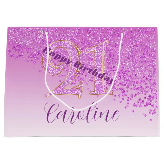 Pretty Falling Pink Glitter 21st Birthday ラージペーパーバッグ (正面)
