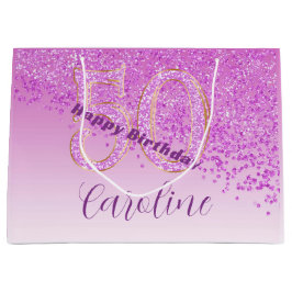 Pretty Falling Pink Glitter 50th Birthday ラージペーパーバッグ